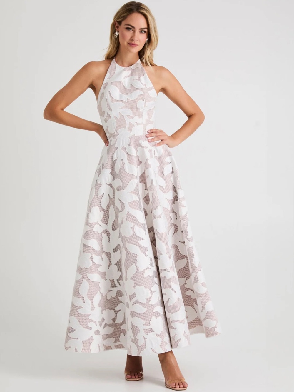 helsi alexandria white & tan floral embroidered halter neck maxi gown dress XS